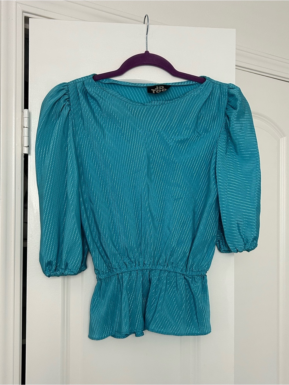 80s JD Too Blue Puff-Sleeve Peplum Top